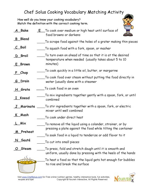 Cooking Vocabulary Definition Matching Exercise